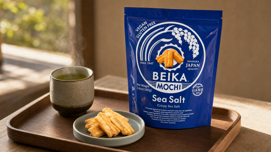 Beika Sea Salt rice crackers paired with a cup of green tea