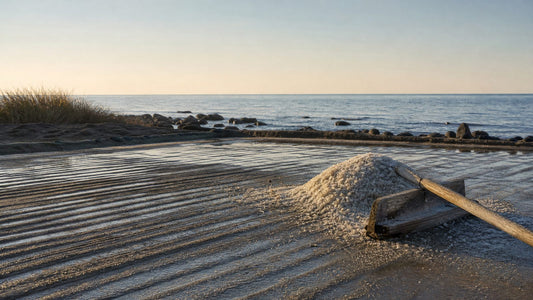 The coastal salt making behind shio senbei: a raked Japanese salt flat at golden hour, gathered sea salt and a rake.