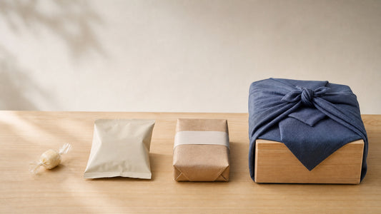 Japanese snack culture in four packaging tiers on a pale wooden table: a sweet in twisted cellophane, a plain snack bag, a kraft paper parcel, and a cloth-wrapped wooden gift box