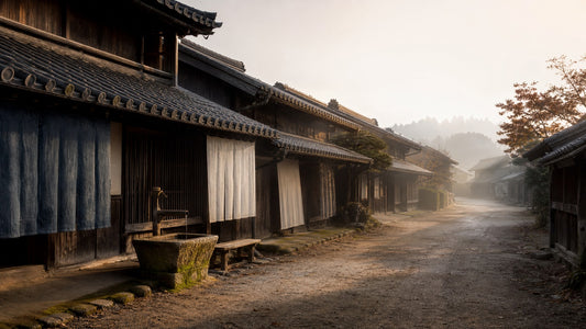 Misty dawn on a preserved Edo-period Japanese post-town street, the kind of highway stop where senbei history begins: weathered timber merchant houses, indigo and white noren curtains, a stone water trough, and an empty packed-earth road.