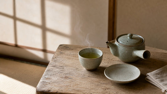 A pale celadon kyusu teapot with a side handle, a small ceramic cup of freshly poured green sencha, and the empty shallow cream dish that would hold chagashi tea snacks, on a wooden table on tatami lit through a shoji paper screen