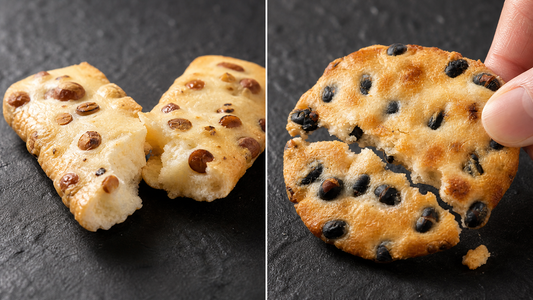Japan makes two distinct rice cracker textures: brittle crispy senbei (~6-8% moisture) and pillowy soft beika (~10-14% m