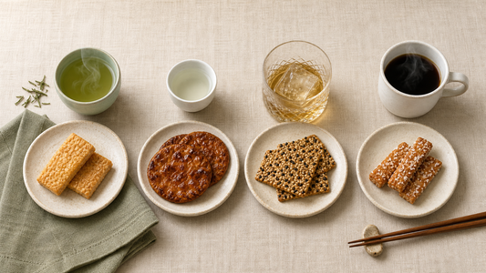 Four Japanese drinks — sencha green tea, junmai sake, Japanese whisky, and drip coffee — each paired with traditional Beika rice crackers on ceramic plates